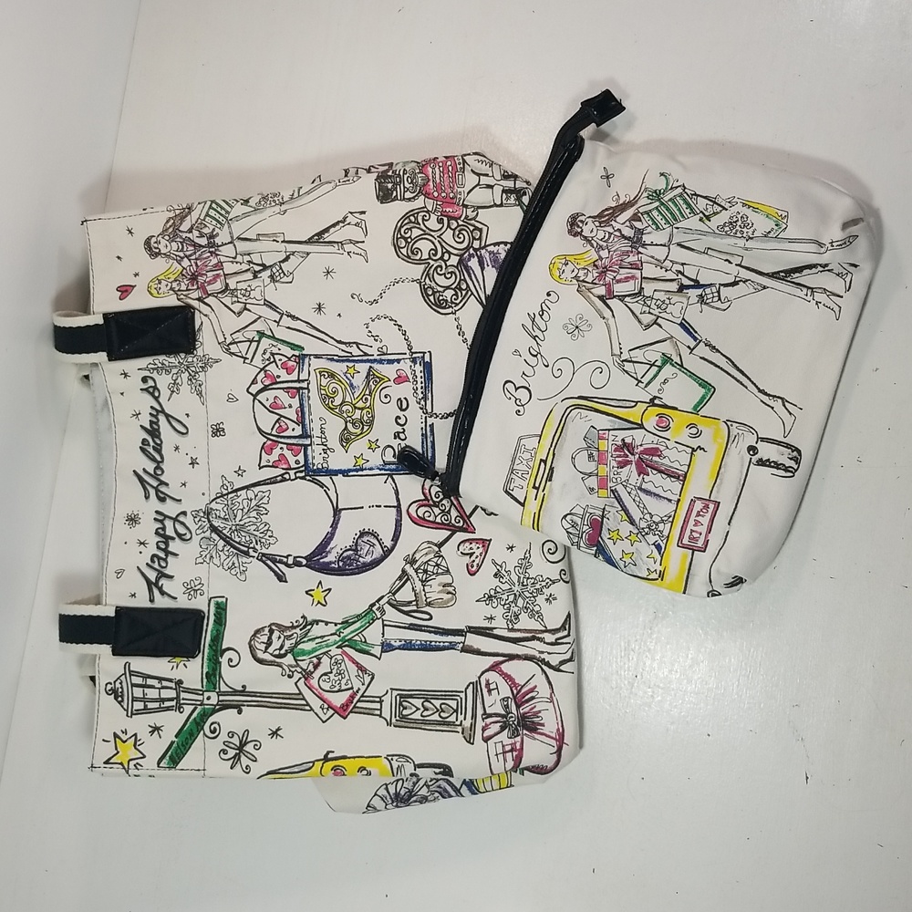Brighton Holiday City Tote & Cosmetic Pouch Canvas White & Black Shopper
